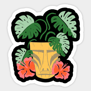 Potted Tiki Green Monstera Houseplant with Hibiscus Flowers Sticker